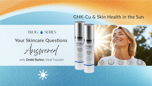Woman with sun shining on her smiling face, two bottles of Vitali GHK-Cu Skin Cell Restorative Serum 3% and 2%