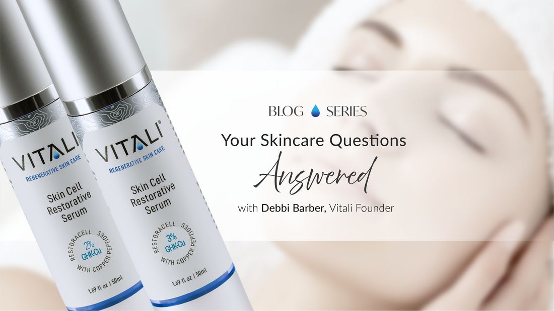 Enhance your aesthetic procedures with Vitali Skin Care GHK-Cu Serum bottles in 2% and 3% strengths