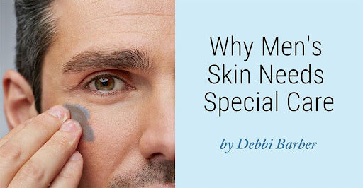 A man performing his skincare routine by applying an under-eye serum to the left of the text "Why Men's Skin Needs Special Care, by Debbi Barber."