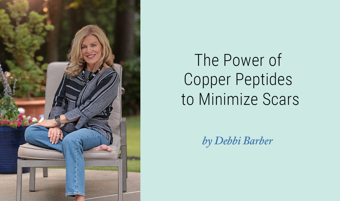 A smiling woman sitting on a bench, to the left of the text "The Power of Copper Peptides to Minimize Scars, by Debbi Barber."