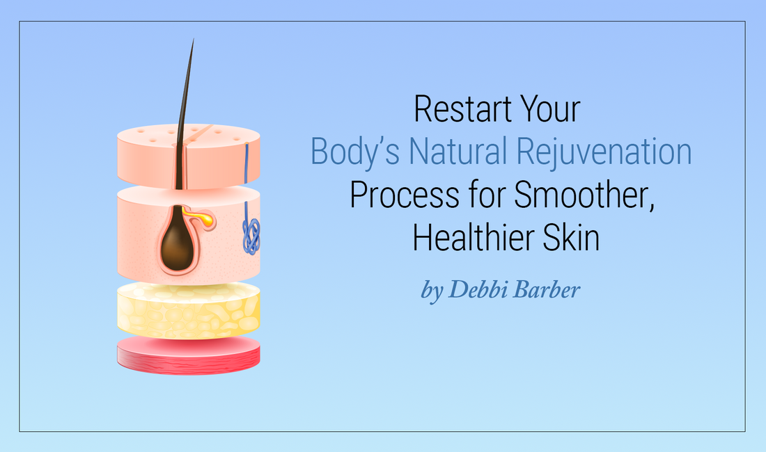 Visual of four layers of skin with the text "Restart Your Body's Natural Rejuvenation Process for Smoother, Healthier Skin, by Debbi Barber."