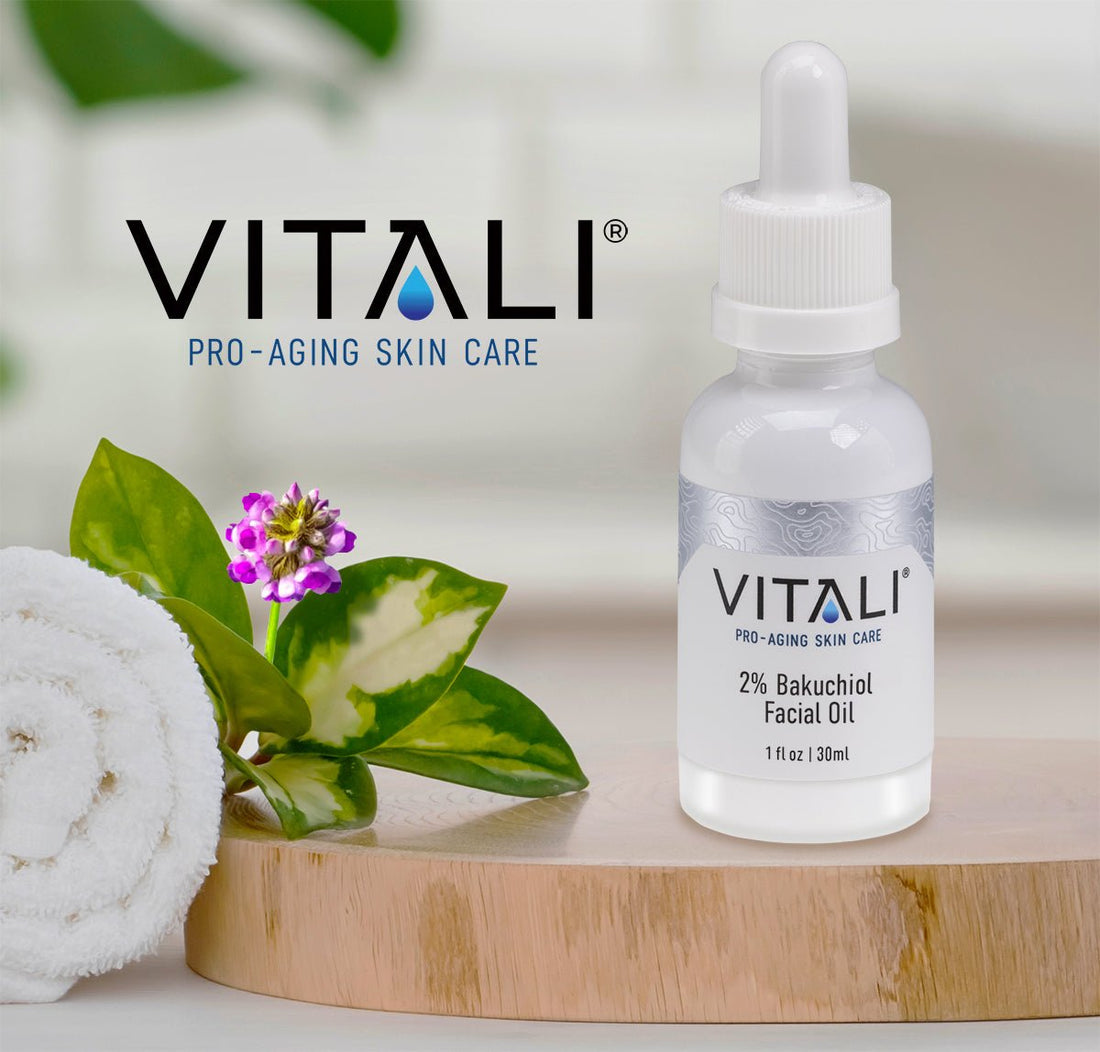 A bottle of Vitali's 2% Bakuchiol Facial Oil with the text, "Vitali pro-aging skin care."