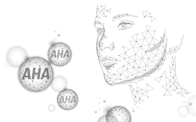 Line drawing of a woman's face with circles containing "AHA" to represent AHA acids.