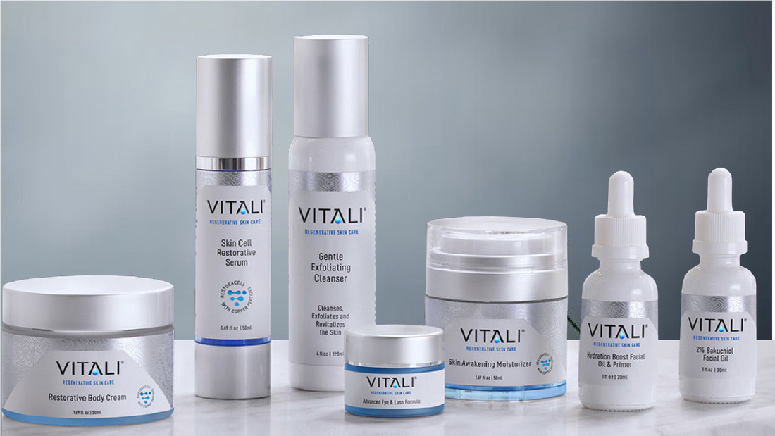 Vitali's full skin care routine collection, featuring copper peptide creams, moisturizer, and serums.