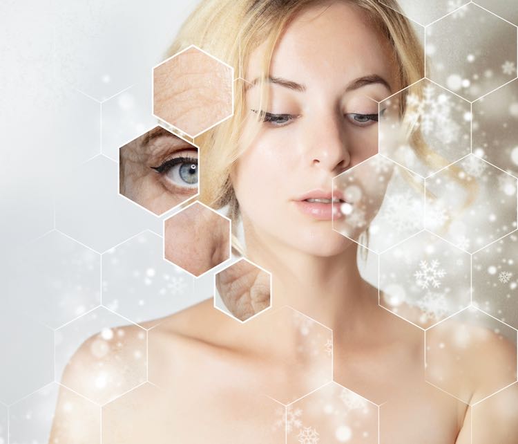 A woman's face surrounded by hexagons representing GHK-Cu's impact on making skin appear younger and healthier.