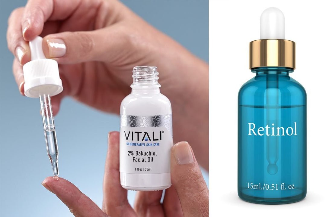 A split image featuring Vitali's Bakuchiol Facial Oil vs Retinol.